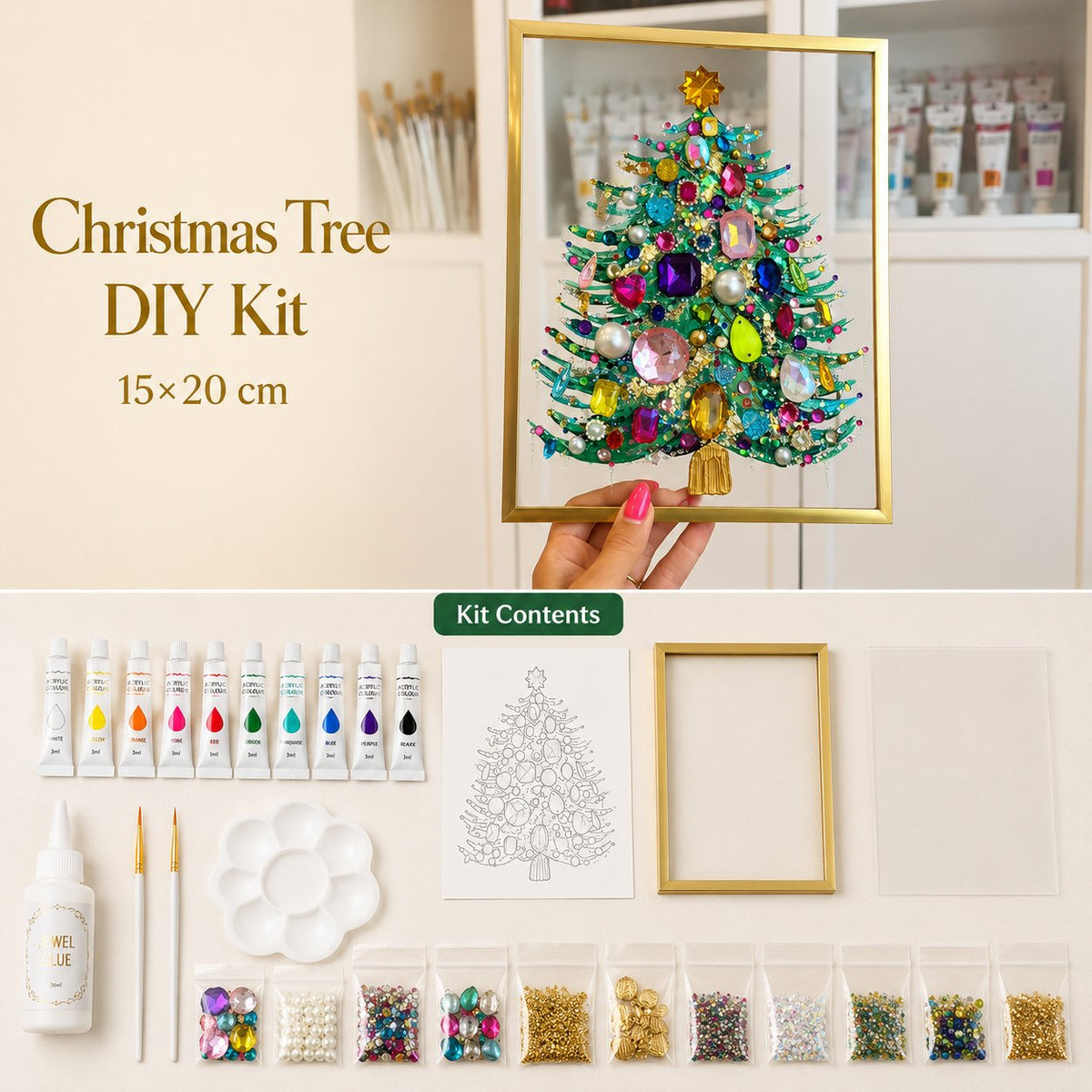 🎄 DIY Jeweled Christmas Tree Art Kit | Colorful Gems, Pearls, Paints & Gold-Tone Floating Display Frame 💎✨