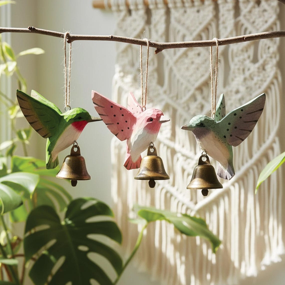 Hand Carved Wooden Bird Wind Chime – Rustic Garden Hanging Decor