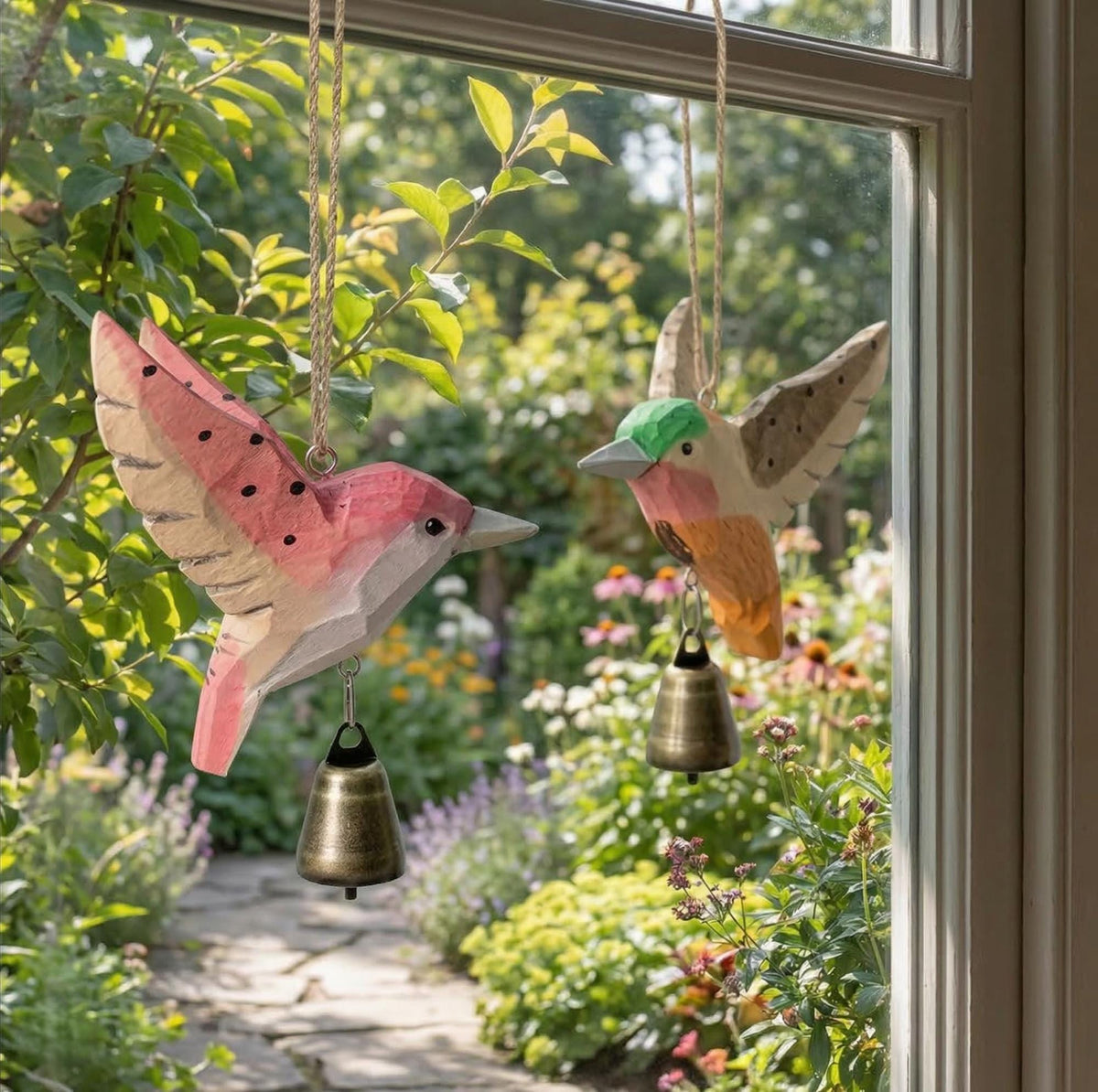 Hand Carved Wooden Bird Wind Chime – Rustic Garden Hanging Decor