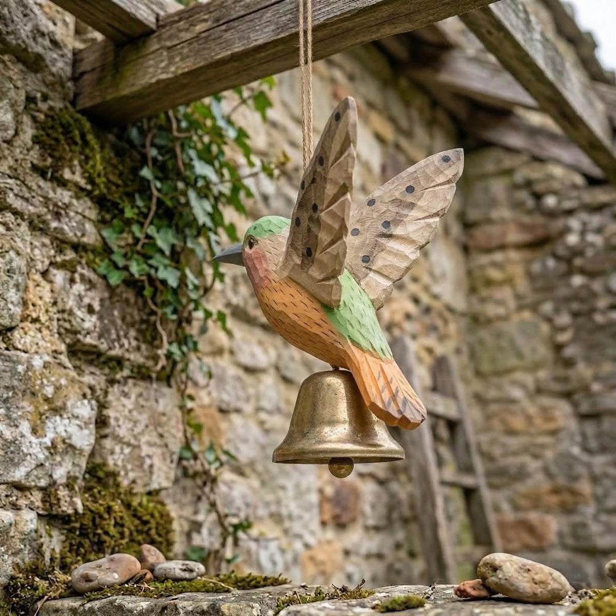 Hand Carved Wooden Bird Wind Chime – Rustic Garden Hanging Decor
