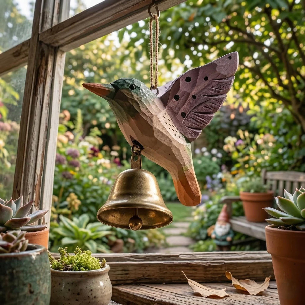 Hand Carved Wooden Bird Wind Chime – Rustic Garden Hanging Decor