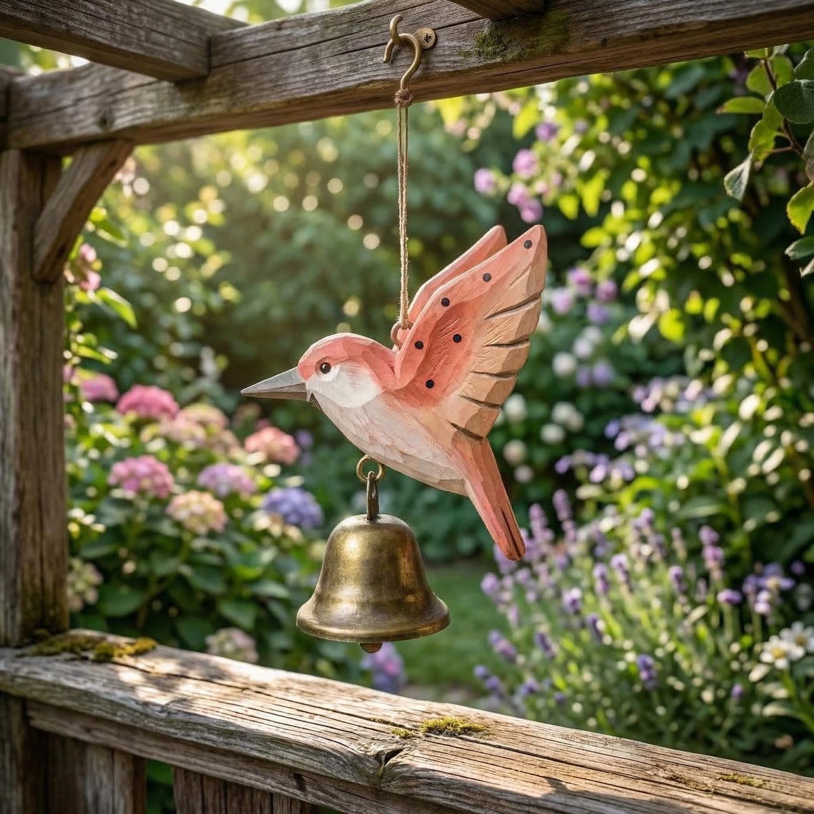 Hand Carved Wooden Bird Wind Chime – Rustic Garden Hanging Decor