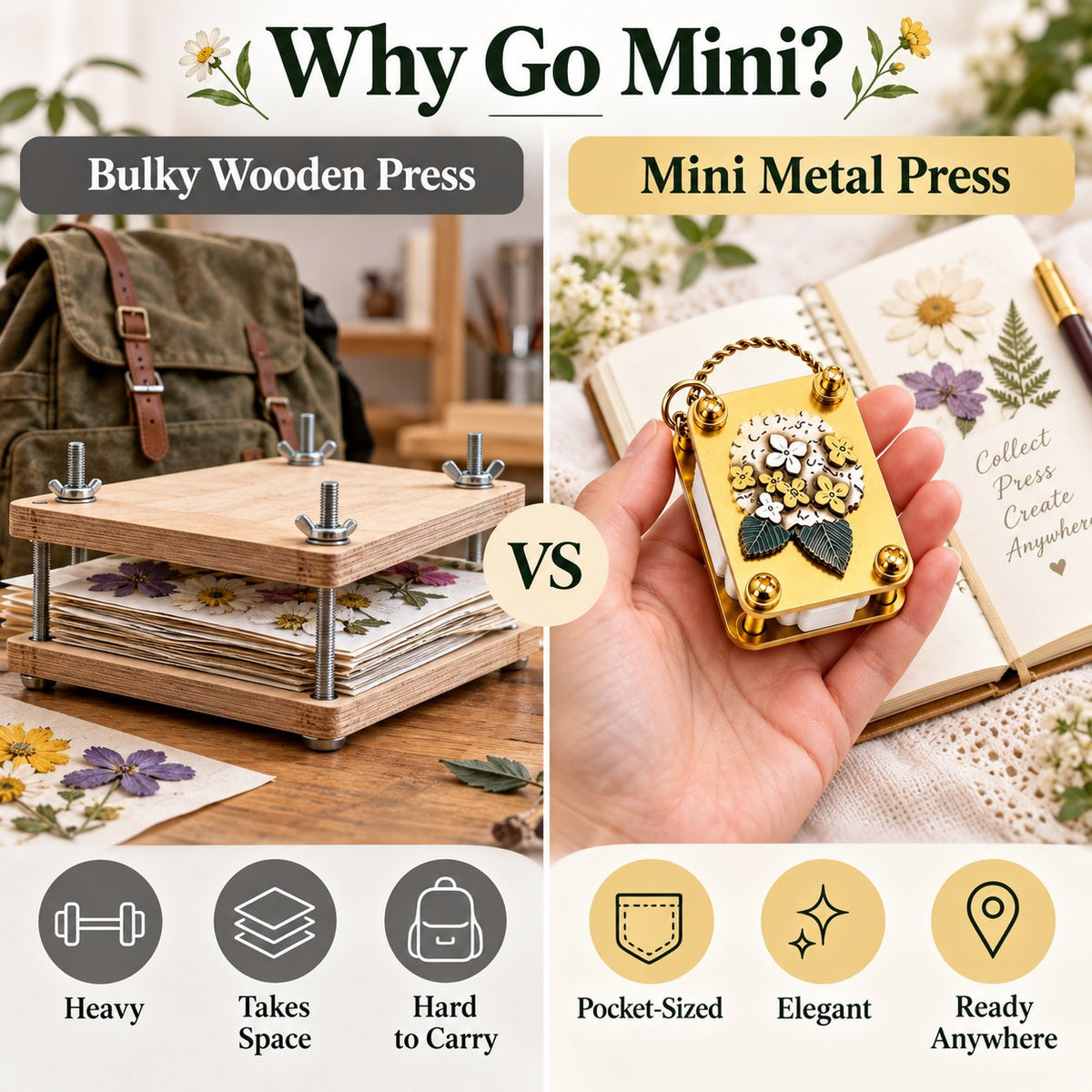 🌸 Mini Metal Flower Press – Pocket-Sized Botanical Press for Flowers & Leaves, Vintage Floral Craft Tool & Thoughtful Gift 🎁