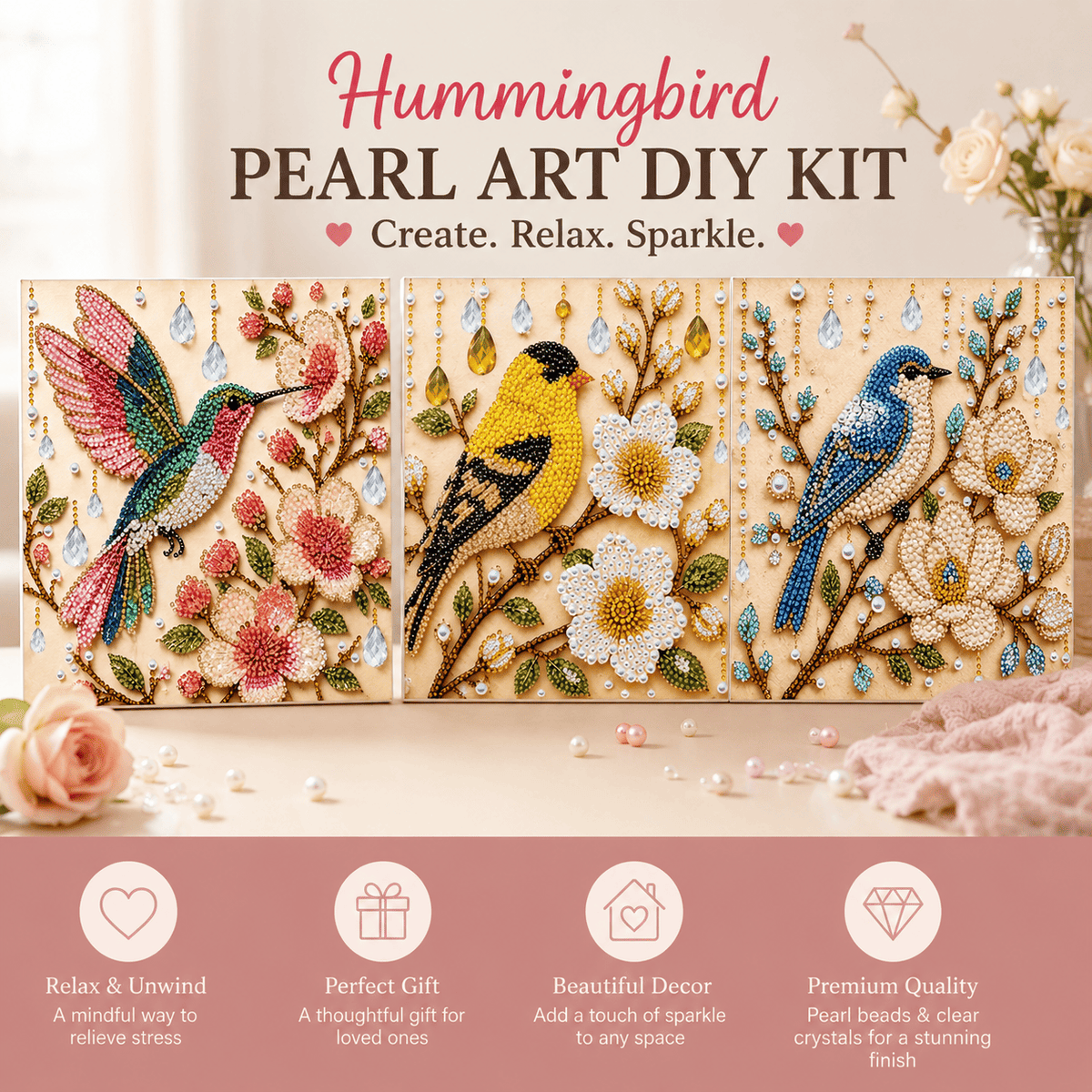 Hummingbird Pearl Art DIY Kit - Handcrafted 3D Bead Painting Craft for Adults & Home Decor