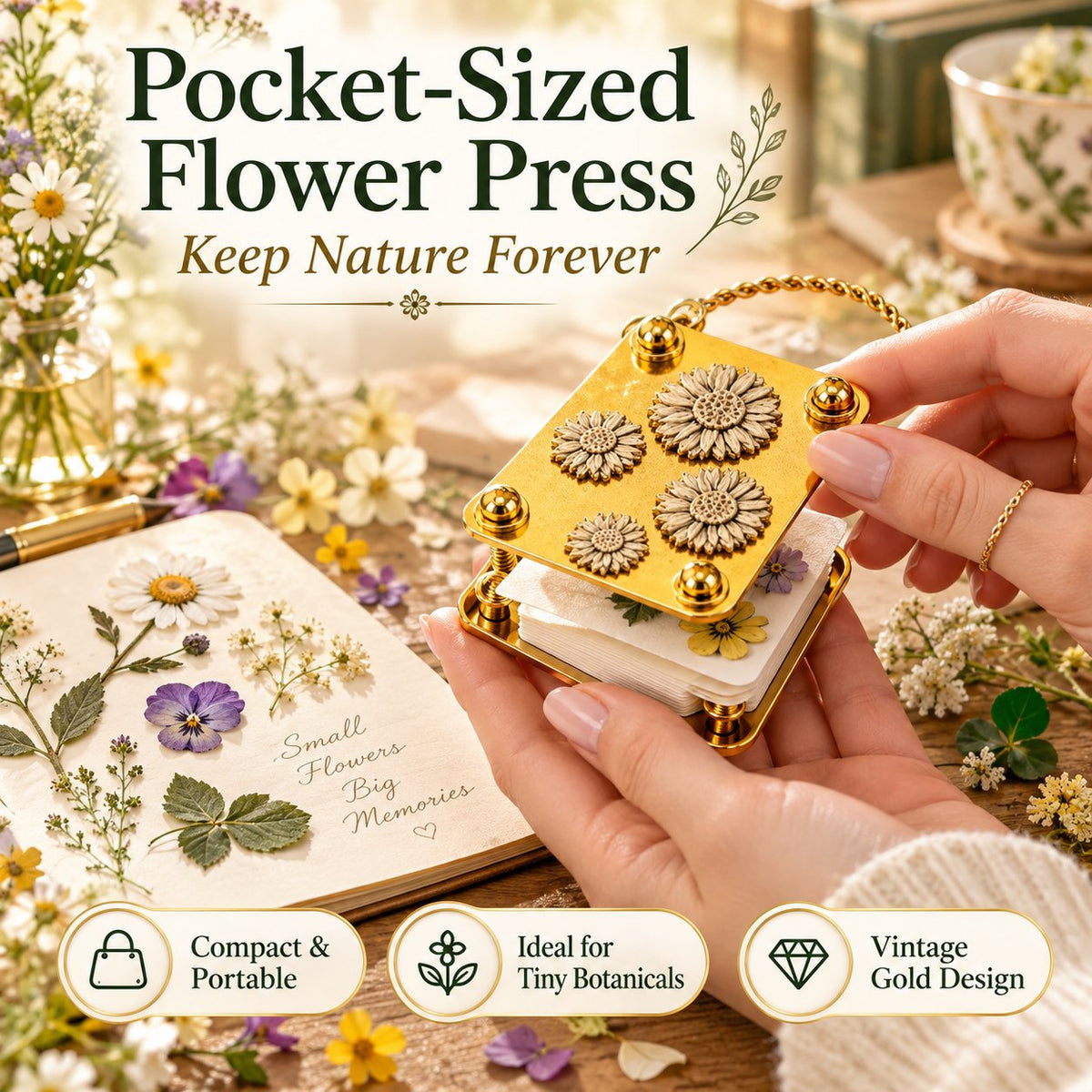 🌸 Mini Metal Flower Press – Pocket-Sized Botanical Press for Flowers & Leaves, Vintage Floral Craft Tool & Thoughtful Gift 🎁