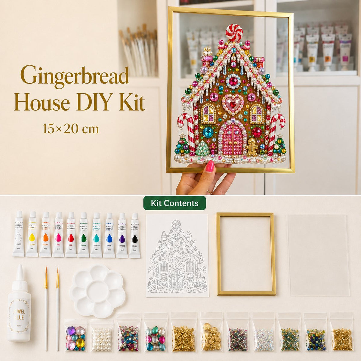 🎄 DIY Jeweled Christmas Tree Art Kit | Colorful Gems, Pearls, Paints & Gold-Tone Floating Display Frame 💎✨