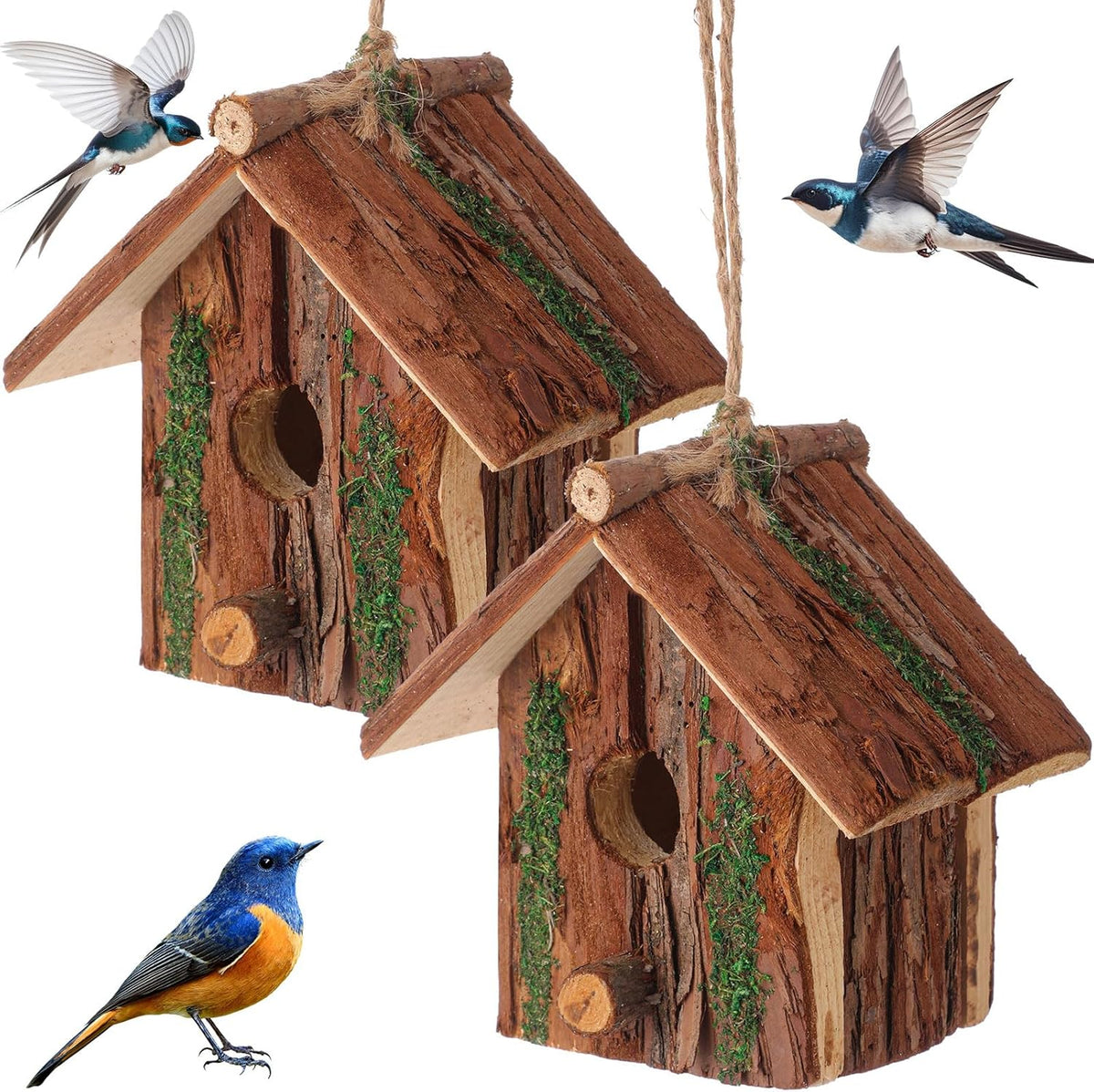 Wooden Bird House with Moss Accent Hanging Design