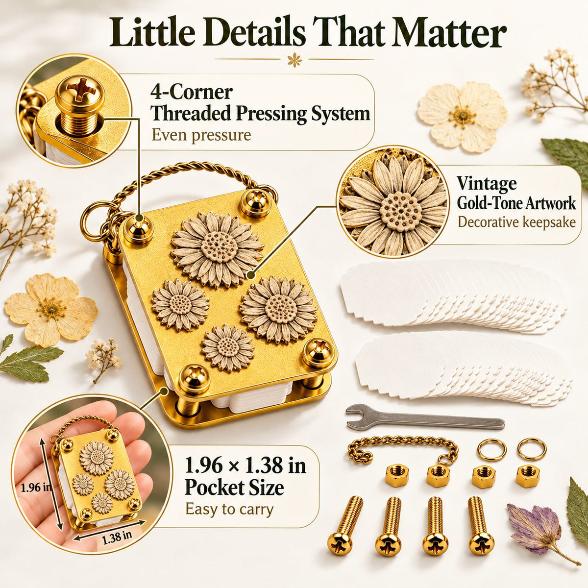 🌸 Mini Metal Flower Press – Pocket-Sized Botanical Press for Flowers & Leaves, Vintage Floral Craft Tool & Thoughtful Gift 🎁